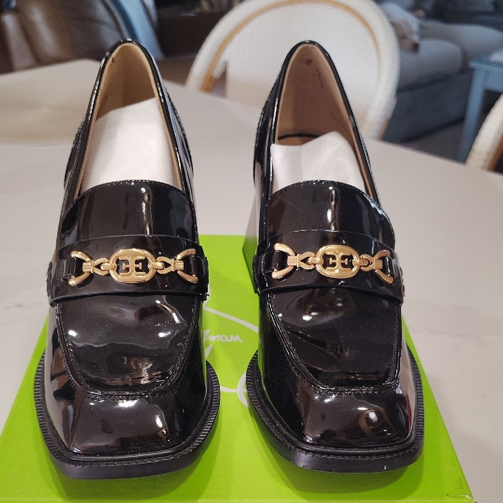 Black and Gold Patent Leather Loafers with Chain Detail